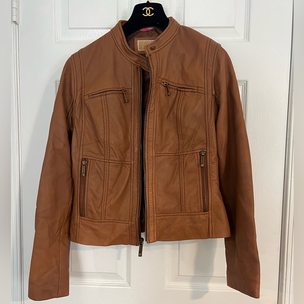 Michael Kors Genuine Buttery Soft Leather Moto Jacket Full Zipper Brown Size M